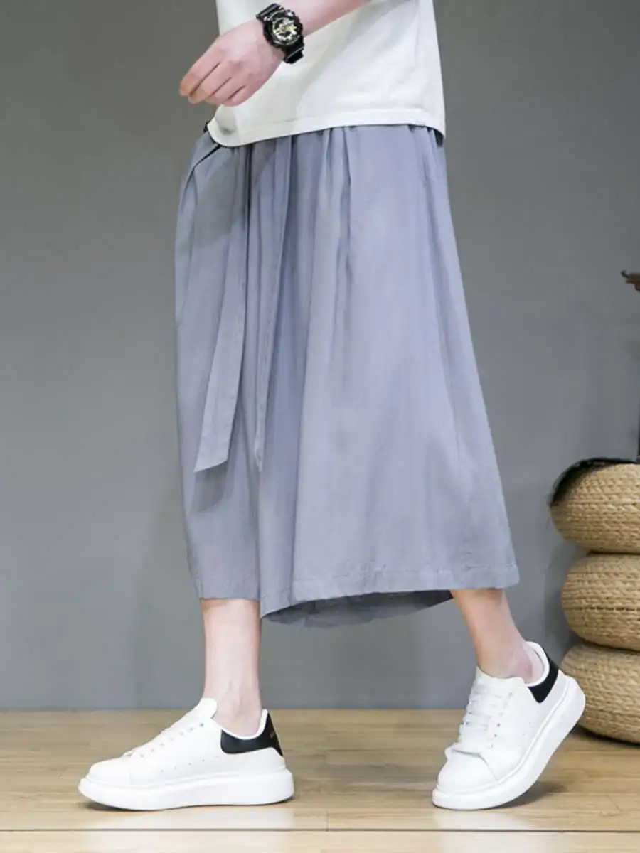 Trendy Ice Silk Men's Seven-Foot Skirt Pants Summer plus Size Loose Wide Leg Pants Comfortable plus Size Men's Casual Trousers