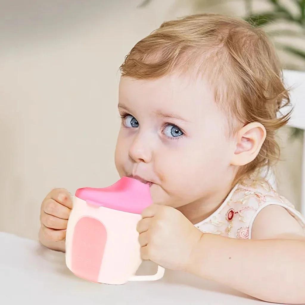 Baby Feeding Bottle Kids Cup Silicone Sippy Children Leakproof Drinking Cups Cartoon Infant Straw Handle Wheat-Straw Drinkware