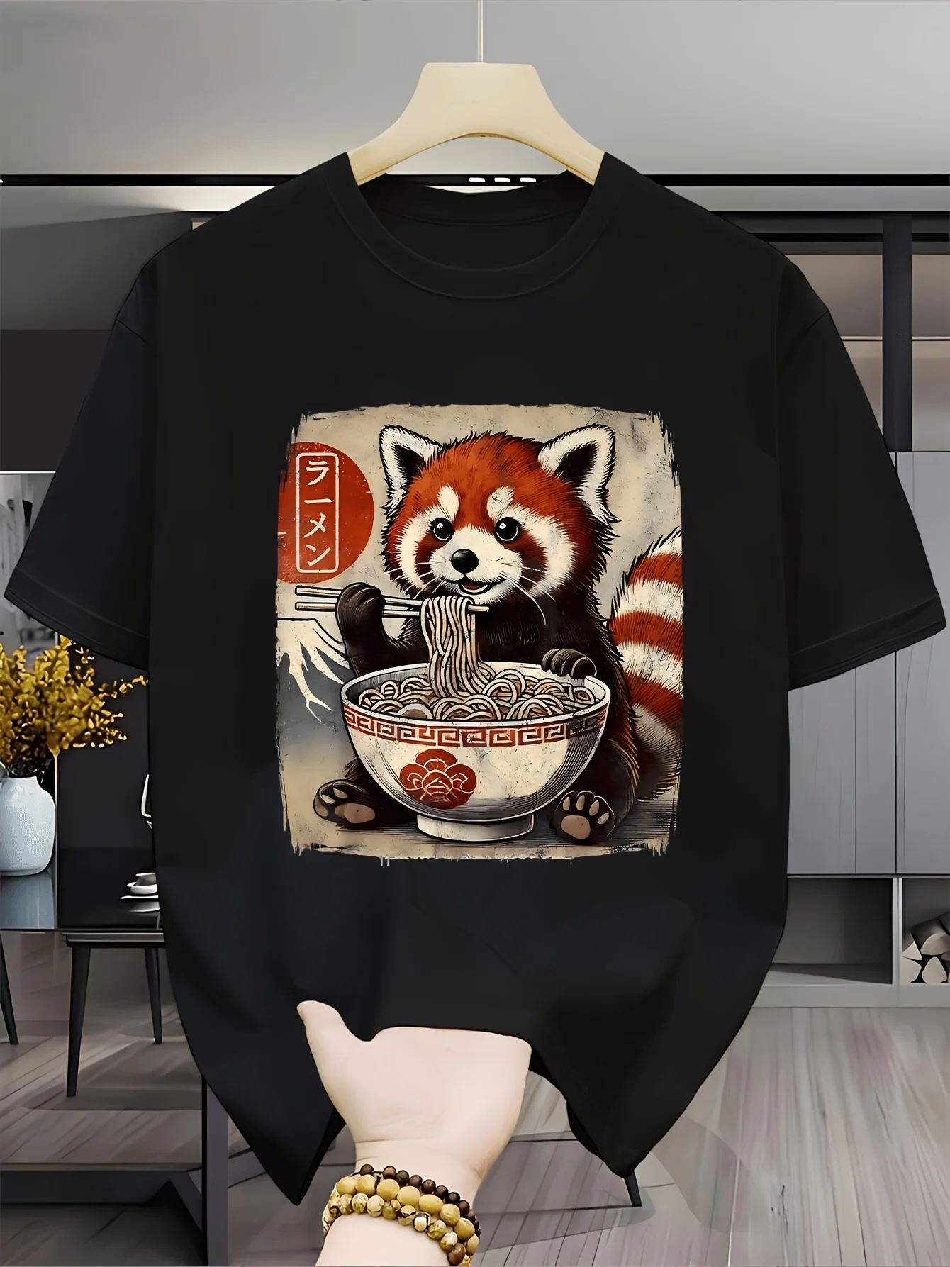 Niedliches Roter-Panda-T-Shirt mit Ramen-Motiv, Kawaii Tier-Grafik, Japanisches Essen-Print, Sommer-Oberteil, Lustiges Freizeit-Shirt für Damen und Herren