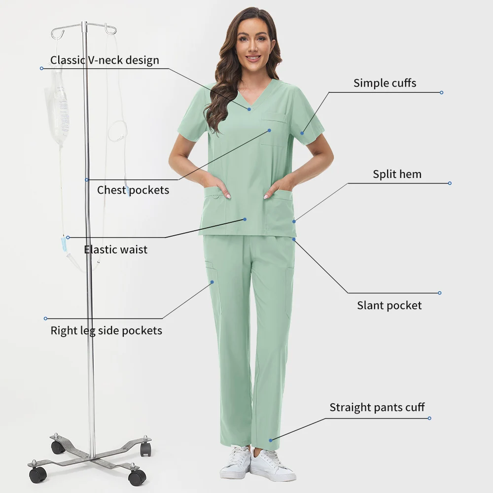니아힌 스크럽 세트 여성 클래식 V넥 미용사 상의 및 하의 간호복 의사 수술복 애완동물 수의사 작업복