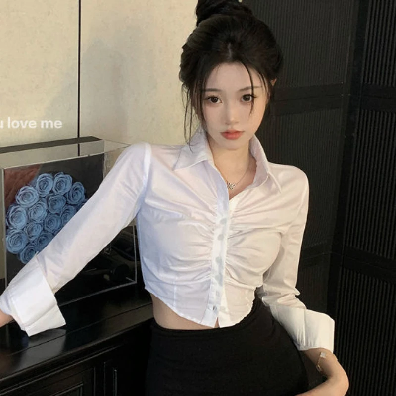 Crop Tops Shirts Women Long Sleeve Hotsweet Slim Streetwear Spring Simple Preppy Style Office Ladies Popular All-match Ulzzang