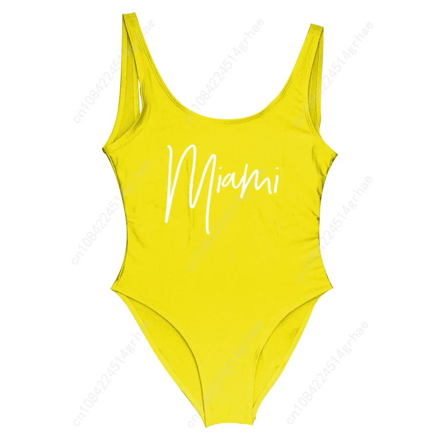 S-3XL MIAMI Letter  Women Swimwear One-Piece Swimsuit Bodysuit  Sexy Swimwear Solid Plus Size Bathing Suit Wear