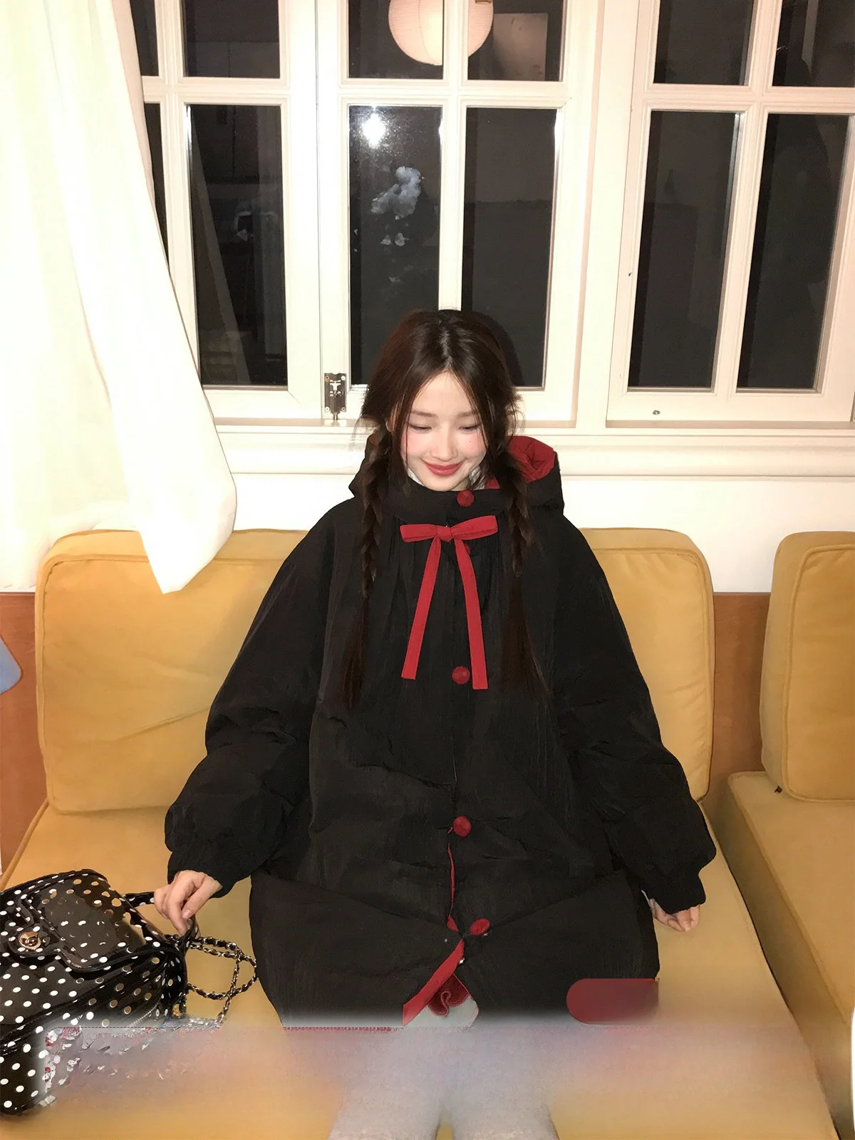 

Mucha Wooden Tea Women's Thiened Long Du down Jaet Double-Sided Wear Red New Year's Winter Coat Casual Sle Warmth