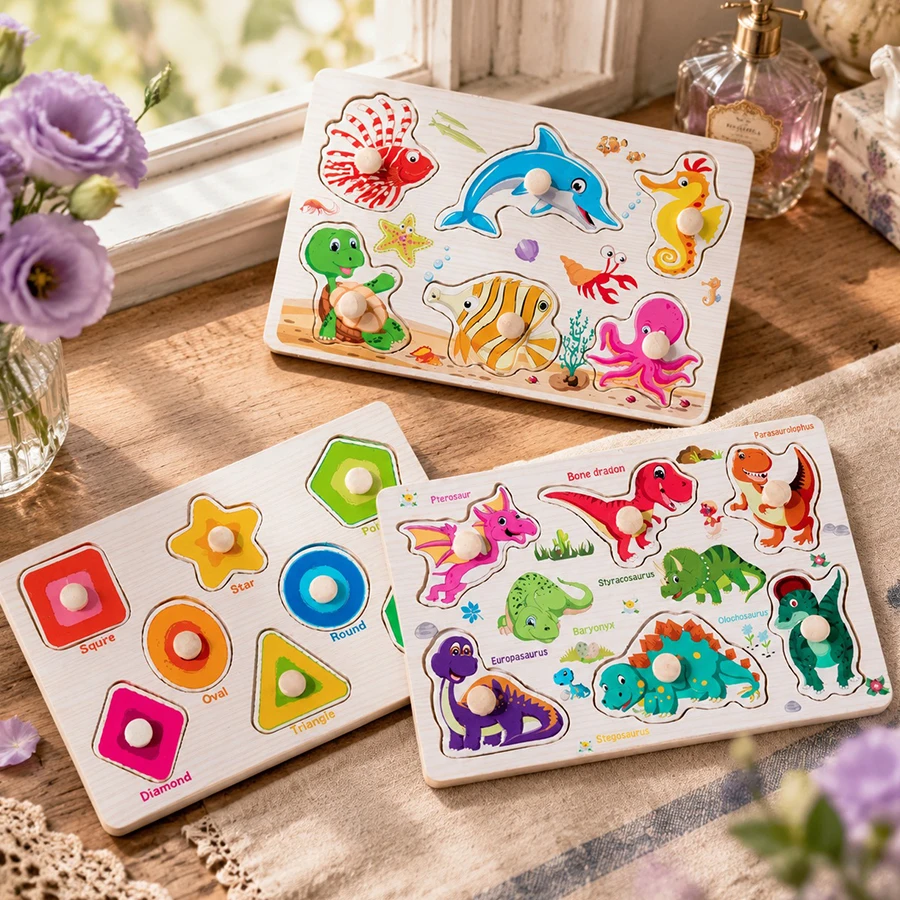 1PC Hand Grab Wooden Puzzle Board Color Shape Recognition Sensory Perception Development Preschool Learning Holiday Presents ZYF