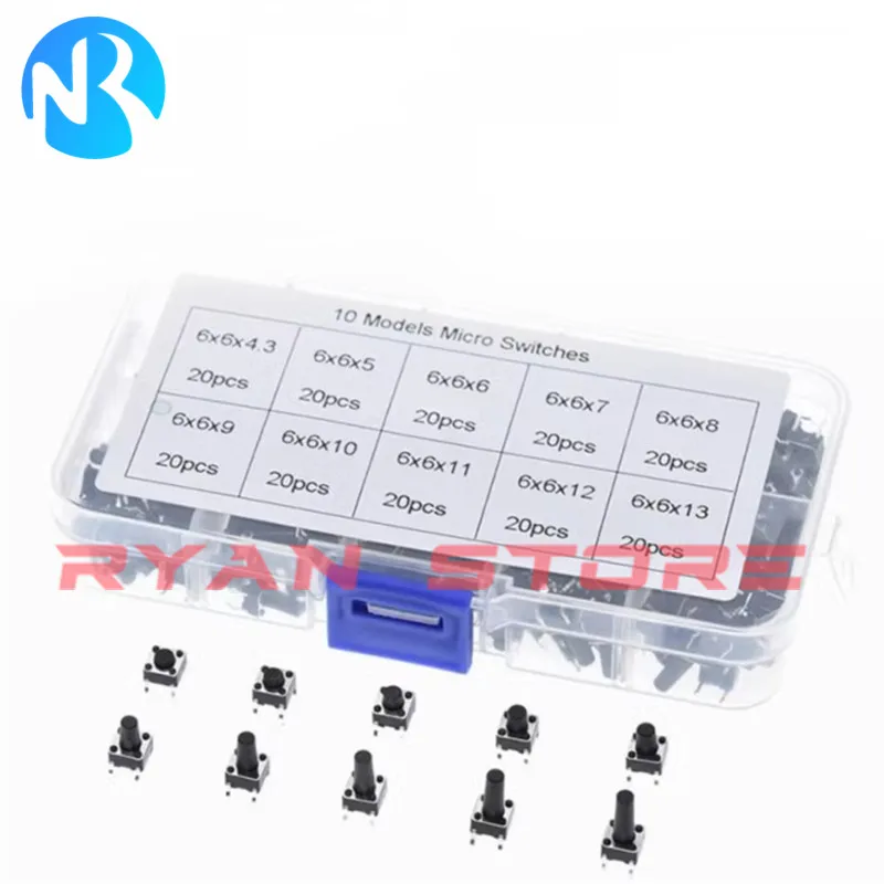 10 kinds 200PCS 6*6 Tact Switch Tactile Push Button Switch Kit Height: 4.3MM~13MM DIP 4P Micro Switch 6x6 Key Switch 6*6*5 6X6X7