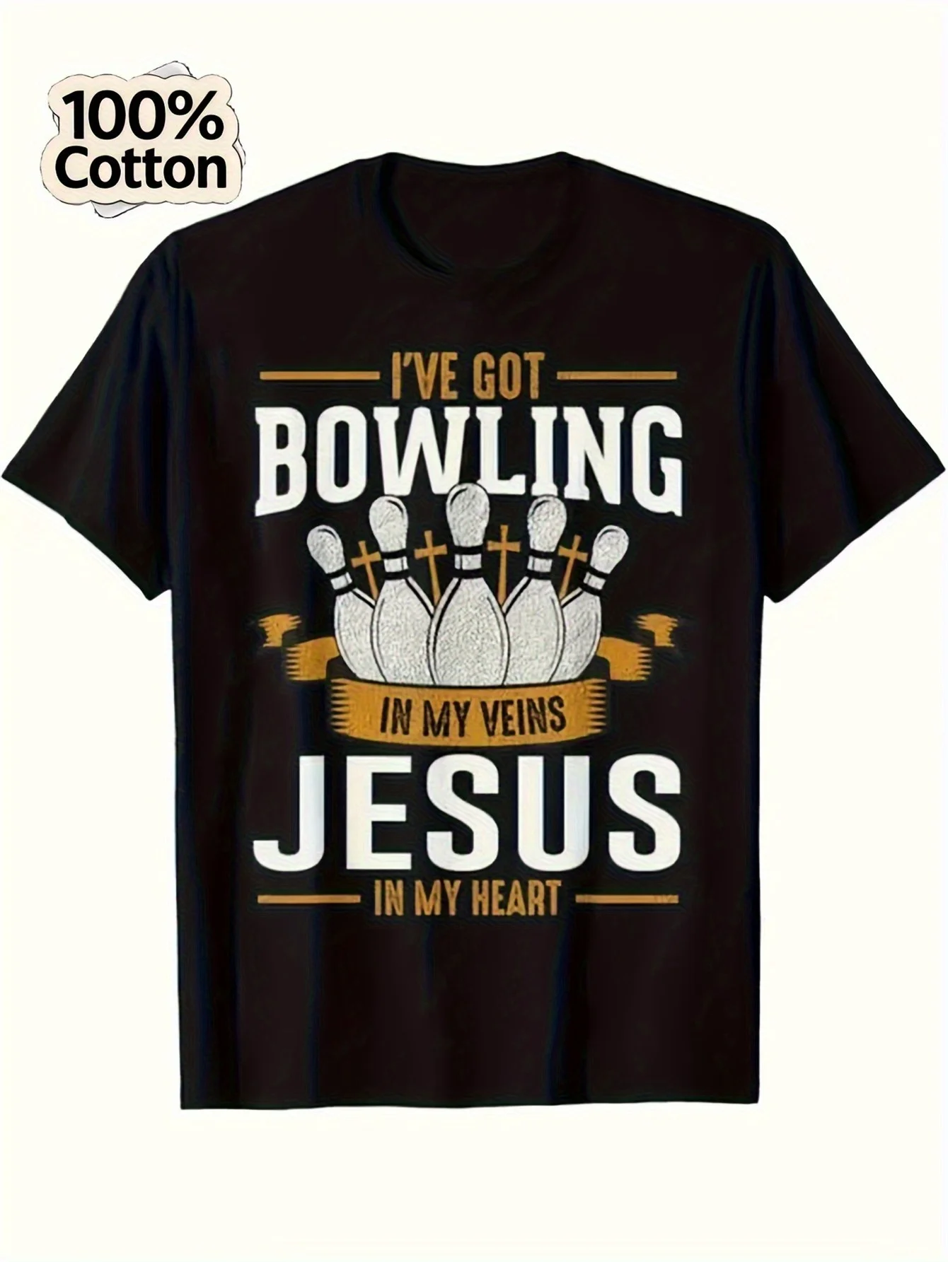 

Мужская черная хлопковая футболка — футболка с надписью «I've Got Bowling in My Veins, Jesus in My Heart»