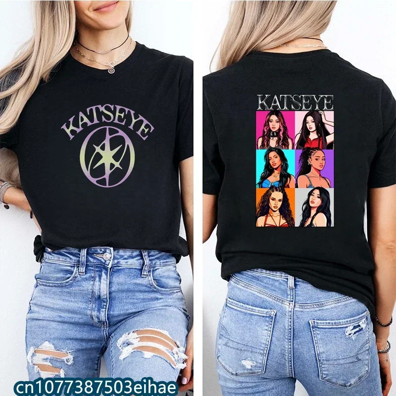Korean Fashion K-pop Retro KATSEYE Printed Tee Durable 100% Cotton Loose Street Clothes Daily Wear Top for Teen Girls & Ladies