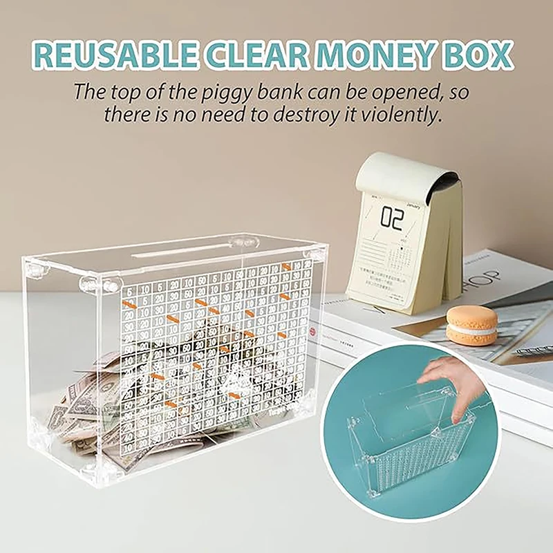 

Transparent Piggy Bank Coin Cash Container Acrylic Money Box Goal 5000 Kids Adults Clear Money Saving Box Boys Girls Gift