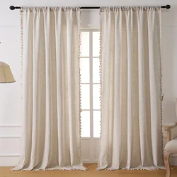 Solid Color Linen Plus Fringe Curtains Living Room Bedroom Balcony Semi-Blind Curtains, French Rustic Style Curtains