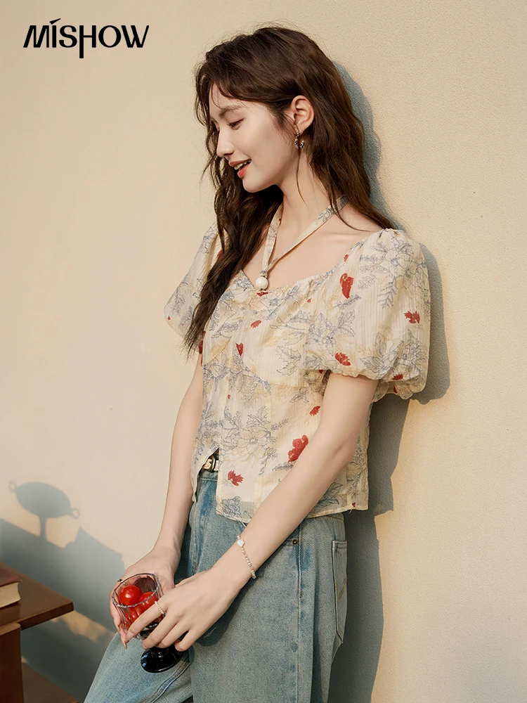 MISHOW Chic French Short Sleeve Blouses 2024 Summer Bubble Sleeve Elastic Square Collar Shirts Embroidered Flower Top MXD22X1395