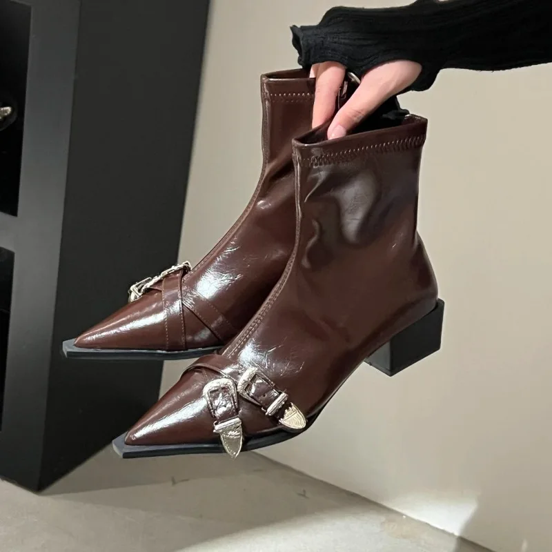 

Block Heel Booties 2025 New Autumn Single Boots Pointed Toe Women's Short Tube Chelsea Skinny Boots