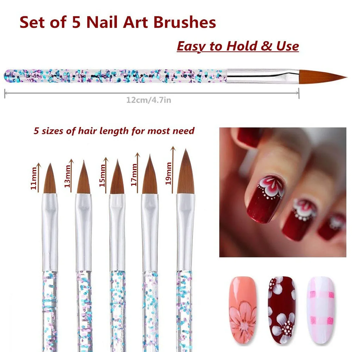 Brosses à ongles en poudre acrylique, manche en cristal, dessin 3D, brosse de construction, brosse d'extension, 3 pièces, 5 pièces