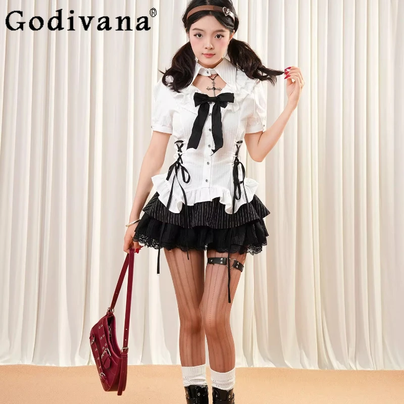 

Японская субкультура, готический стиль, женский элегантный топ на шнуровке, кружевная короткая юбка, комплект, женские летние костюмы в стиле Лолиты