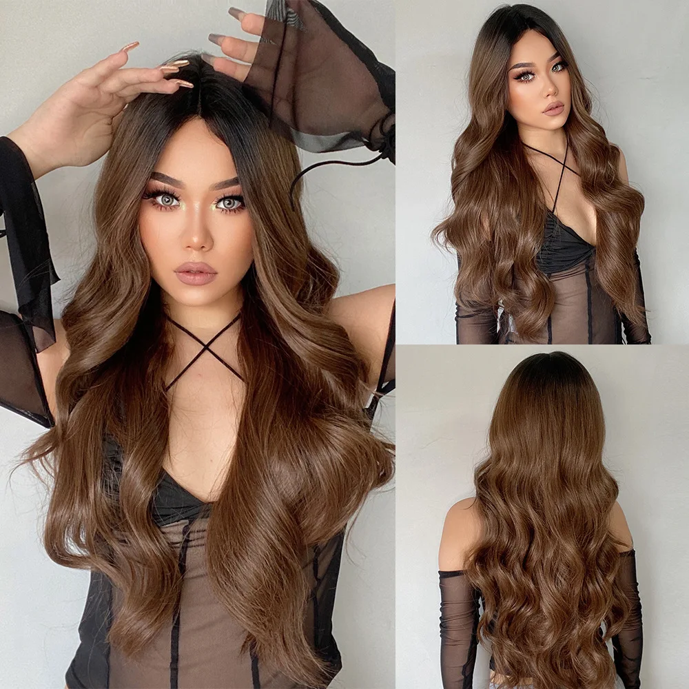 Long Ombre Brown Wavy Wig for Women Middle Part Curly Wig Natural Looking Synthetic Black to Brown Wig for Daily Party Use