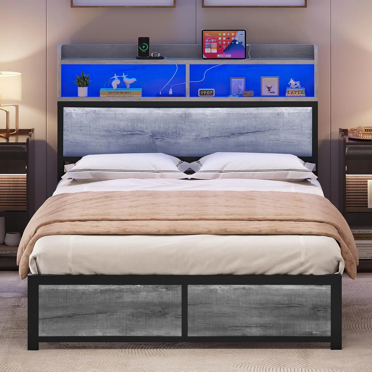 

LED Bed Frame with Headboard,USB Ports & Charging Outlets,Metal Platform Bed Frame with 2 Tiers Storage Shelves