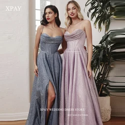 XPAY Sparkly Dusty Blue Sequin A Line Long Evening Dresses Spaghetti Straps Boning Split Glitter Shiny Prom Gowns Plus Size