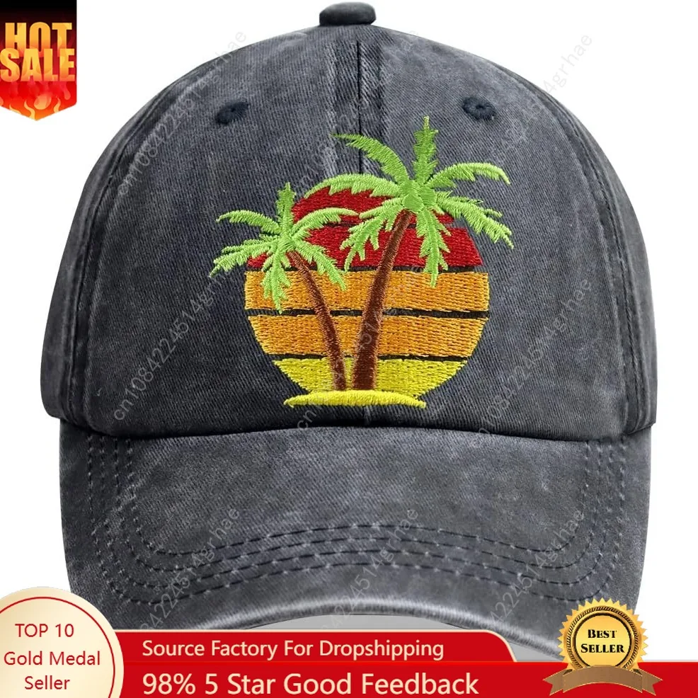 

Palm Tree Hat, Summer Vacation Sun Baseball Cap Vintage Embroidered Adjustable Distressed Washed for Men Women