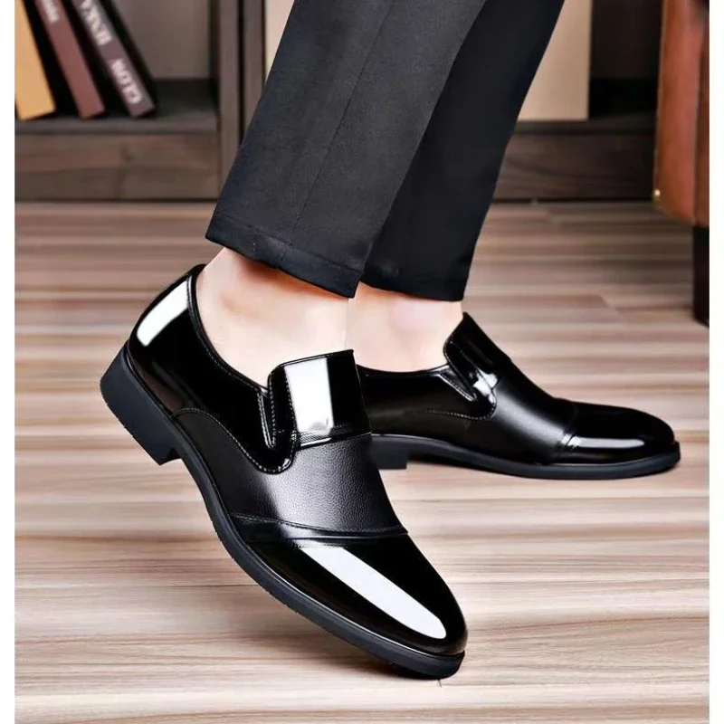 Black Patent PU Leather Shoes Slip on Formal Men Shoes Plus Size Point Toe Wedding Shoes for Male Elegant Business Casual Shoes