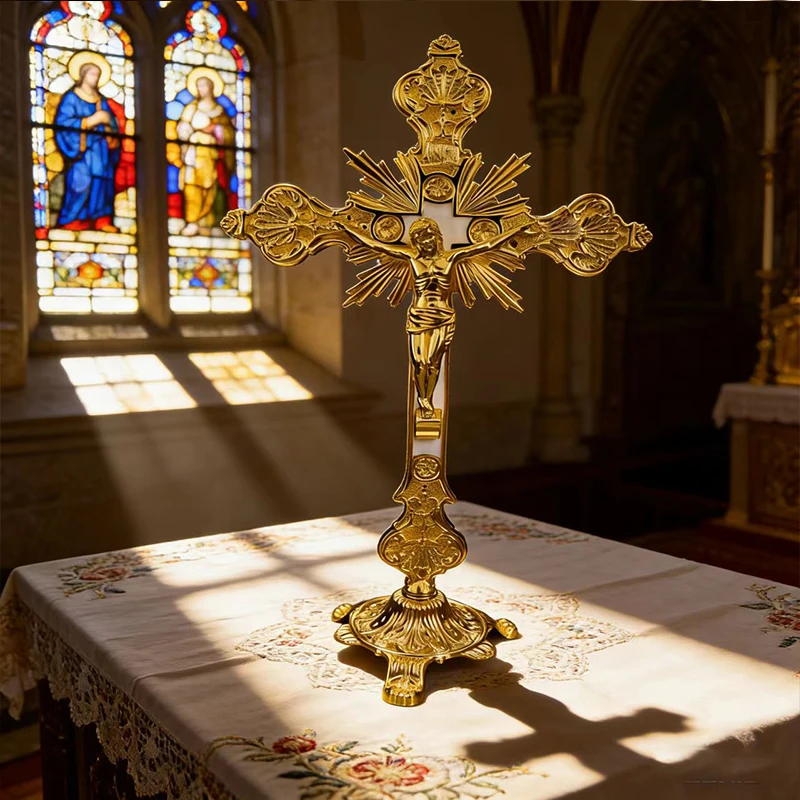 Neues 2026 Traditionelles Vergoldetes Orthodoxes Kruzifix mit INRI-Gravur, Stehendes Kreuz für Altarausstellung und Gottesdienst-Rituale, Geschenk – Detail 14