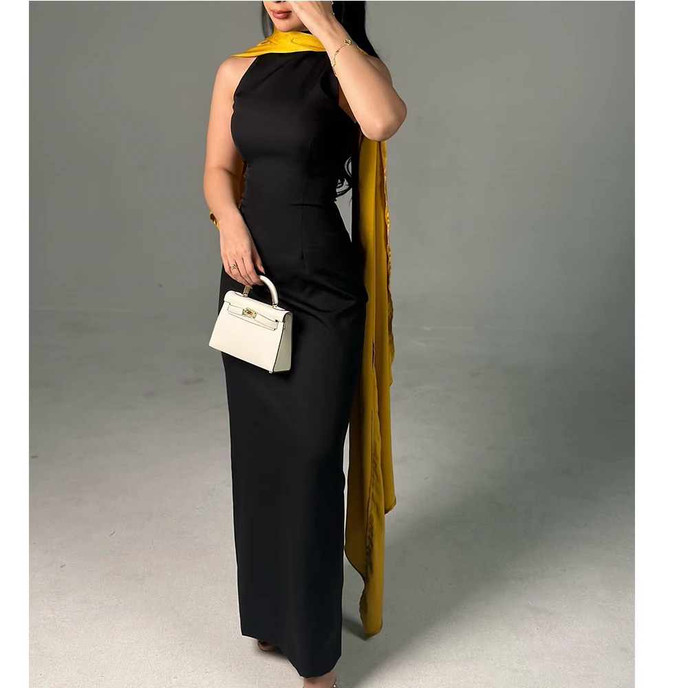 Customized Temperament  Contrast Color Ruched HalterAnkle Length Straight Vestidos Para Mujer Satin Sleeveless Zipper Back плать