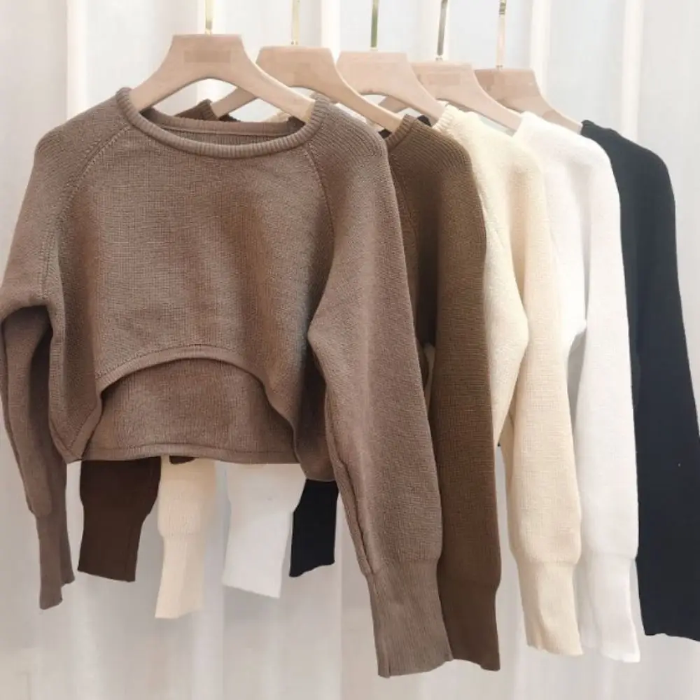 

Простая вязаная короткая футболка с длинными рукавами, свободный осенний укороченный топ, свитер в корейском стиле, вязаный крючком, женский трикотаж