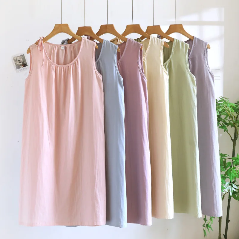 

Женская летняя ночная рубашка без рукавов, легкая, из чистого хлопка, однотонная, для дома и улицы, средней длины