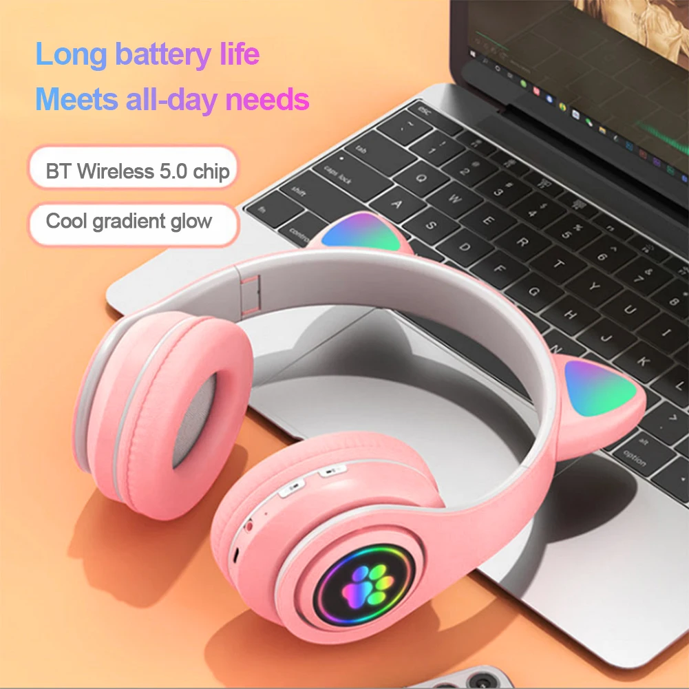 Flash Light Cute Cat Ears Wireless Headphone with Mic Control LED Kid Girl Stereo Music Helmet Phone Bluetooth Headset Gift