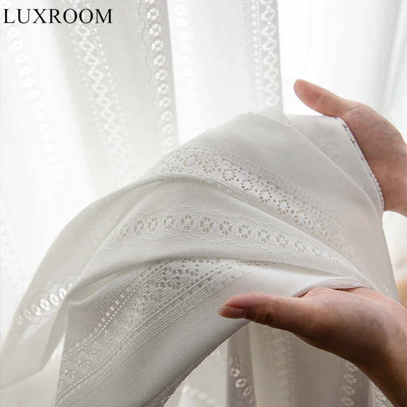 

White thickened fine woven yarn embroidered screen window curtain partition living room balcony hole free installation curtain