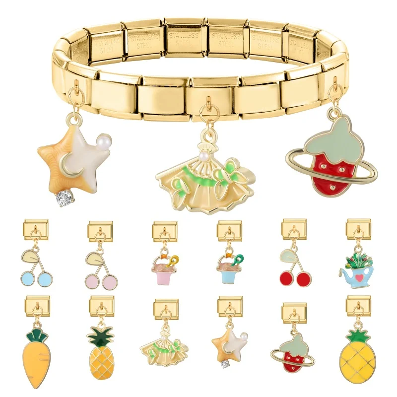 Fashion Flower Snowflake Moon Strawberry Cherry Pendant Italian Links Charm Fit 9mm Bracelet Stainless Steel Jewelry Making Gift