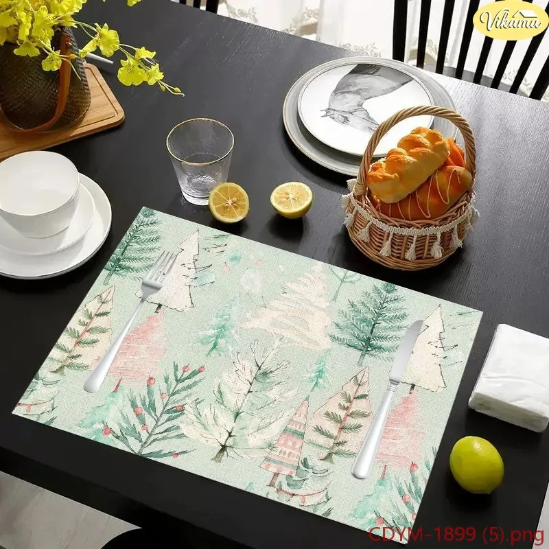 VIKAMA Christmas Placemats Mint Green Gingham Reindeer Snowflake Washable Dining Mat Winter Holiday Kitchen Dinner Decor