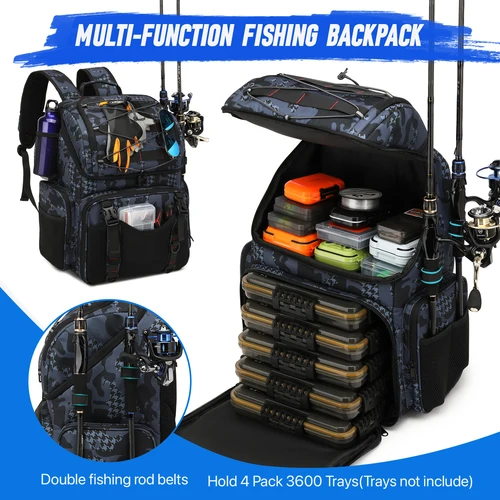 Imagen 2 del producto Mochila de pesca, bolsa de almacenamiento de aparejos de pesca más fresca de 45L con soportes para caña y cubierta para lluvia, bolsa multifuncional para acampar, senderismo y exteriores