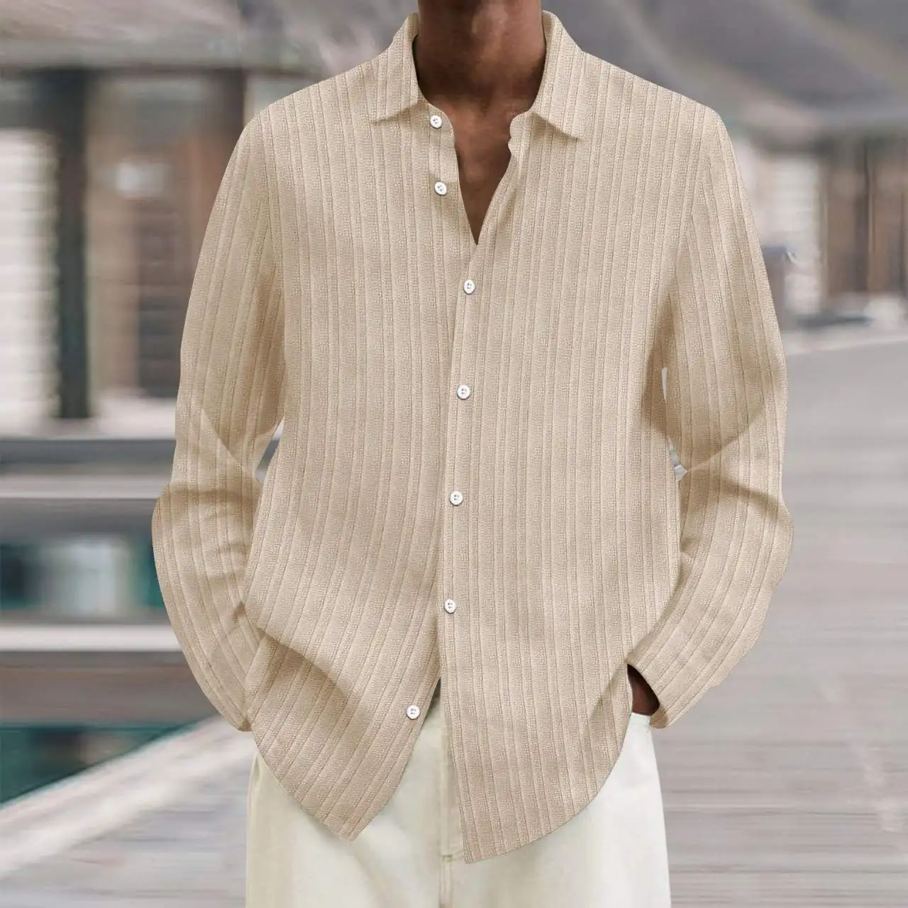 

Men's Loose Long Sve Striped Open Cardigan irt Turn-down Collar Summer Faion Comfortable Breathable Thiened Flannel