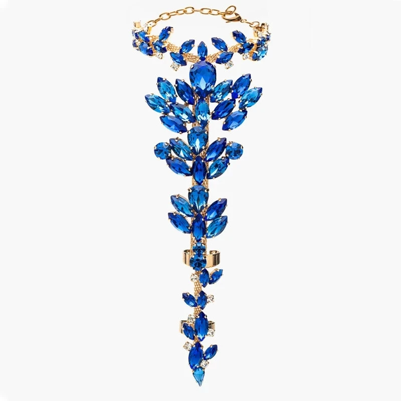 Handmade Blue Rhinestone Flower Finger Ring Back Bracelets Hand Jewelry for Women Crystal Charm Bracelet & Bangles Wedding Gift