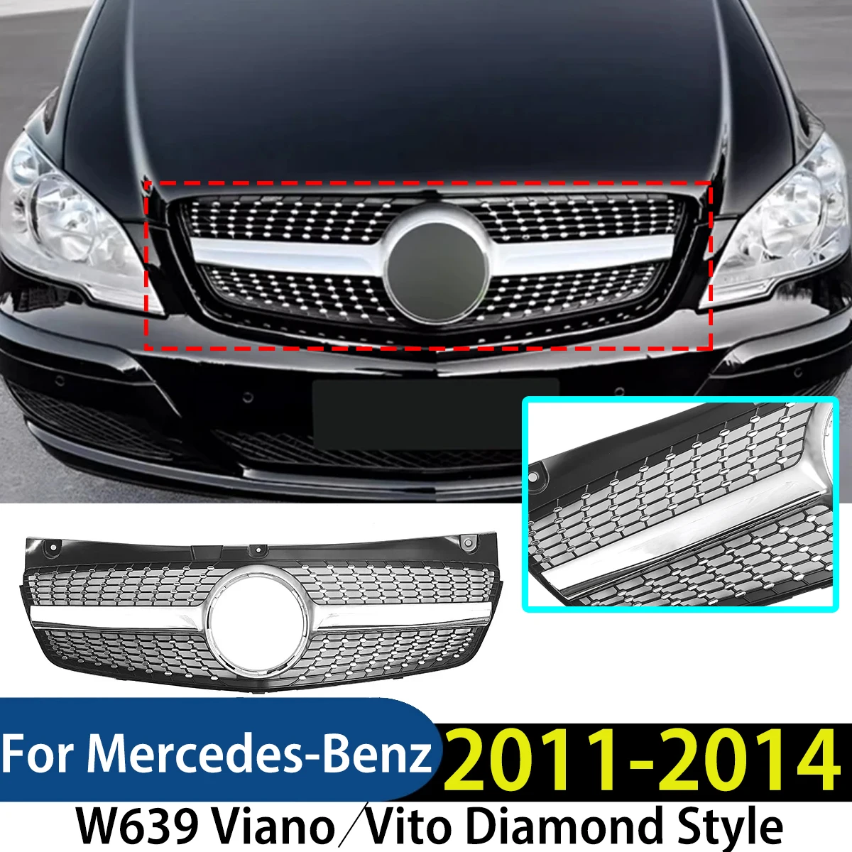 

For Mercedes-Benz W639 Viano/Vito 2011-2014 Diamond Style Front Inlet Grille Grill Radiator Upgrade Middle Mesh Body Kit Tuning