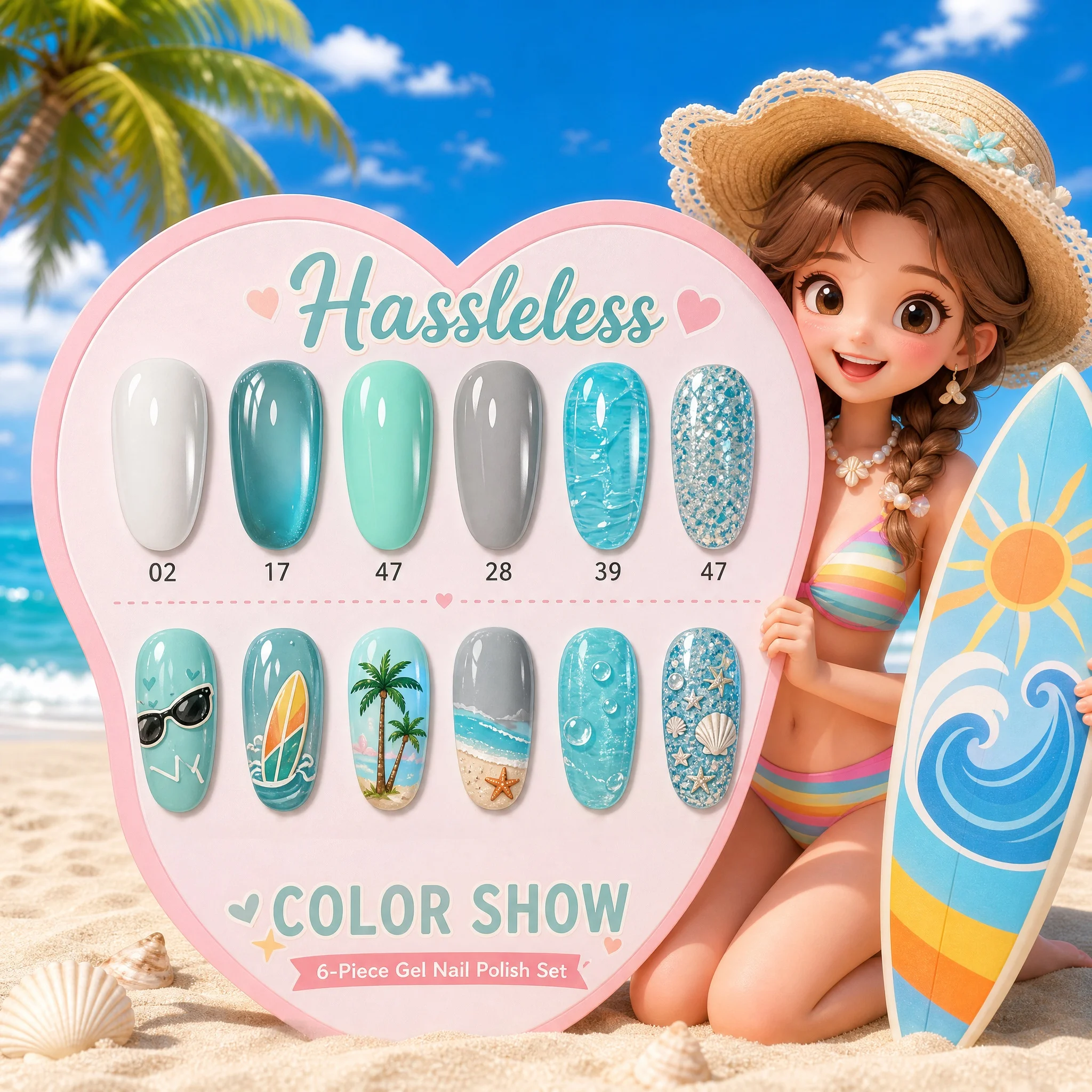 Hassleless 6Pcs Set Includes Ice Blue Thread-Like Designs, Mint Green Solid Color, Misty Gray Purple, Large Blue-Green Gemstone Sequins, Pure White Solid Color, Lake Blue Metallic Cat Eye; Combines Artistic Blending, Solid Colors, Glitter, and Cat Eye Effects to Create a Refreshing Summer Seaside Vacation Vibe Nail Art Semi-Permanent Nail Art Suitable for Various Occasions, Nail Salon Nail Gel.