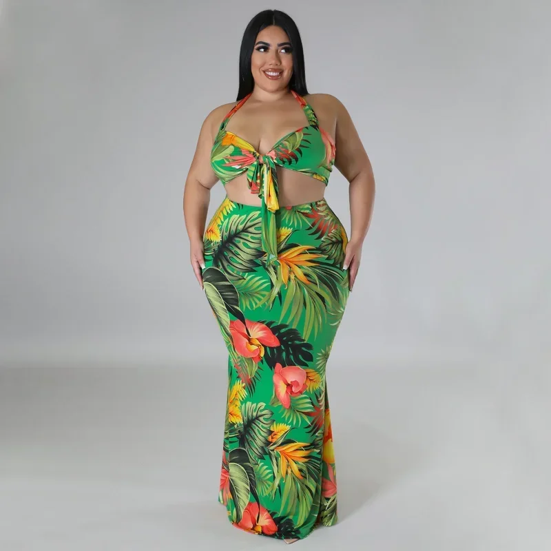 KEXU Sexy Beach Women Plus Size Two Piece Set Print Halter Sleeveless Backless Bra+long Slim Skirts Dress Suit