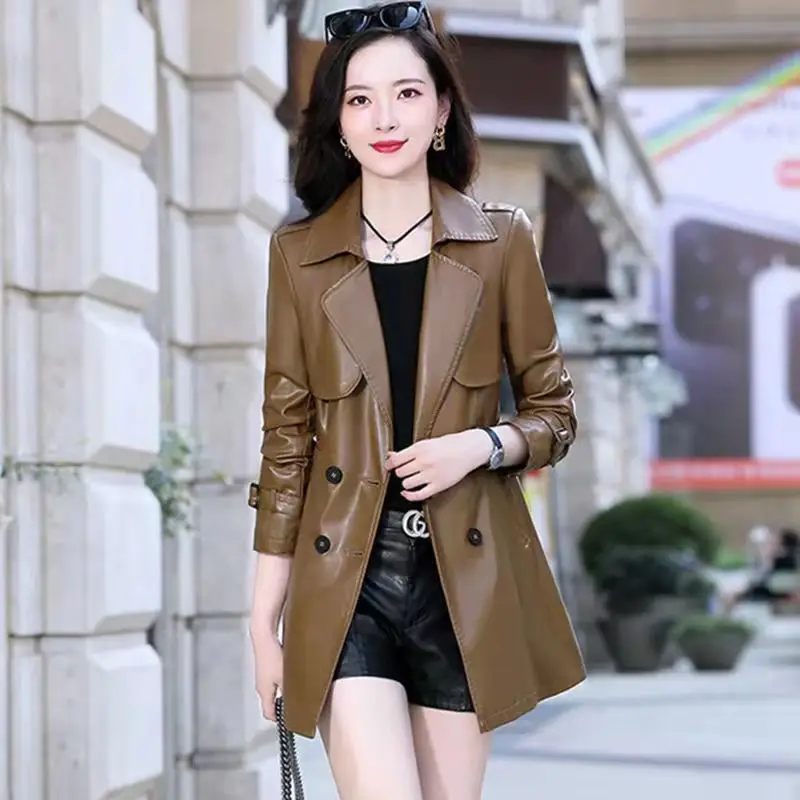 2025 신상 여성 바이크 코트 가죽 재킷 더블 브레스티드 아웃핏 봄 가을 여성 패션 라펠 롱 슬림 여성 아우터