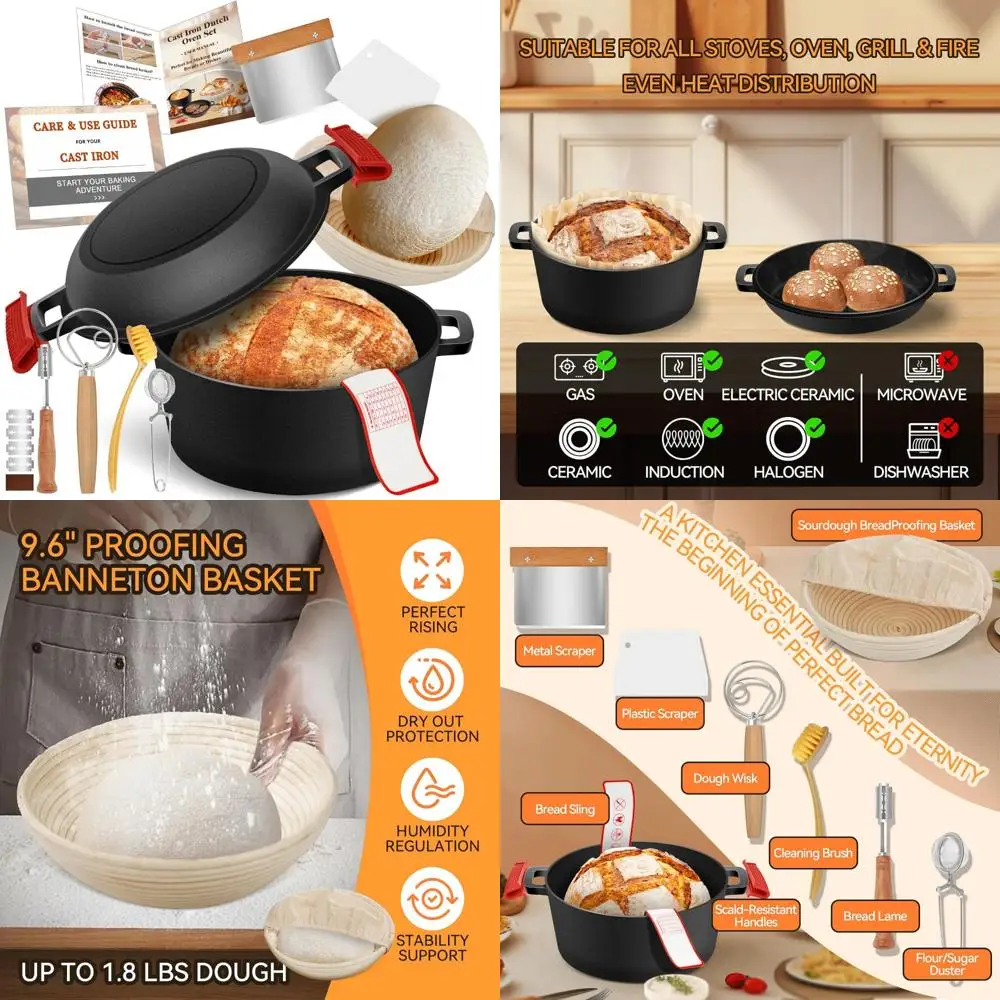 

Cast Iron Dutch Oven for Bread Baking - 2-in-1 Pot with Banneton Proofing Basket for Sourdough and Artisan Bread Supplies
