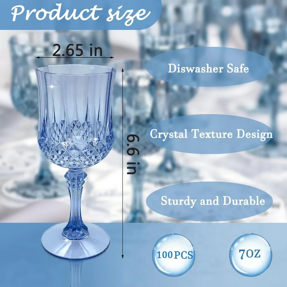 

Vintage Plastic Wine Glasses, Reusable Party Cups for Wedding Events, Blue (100 Pcs)