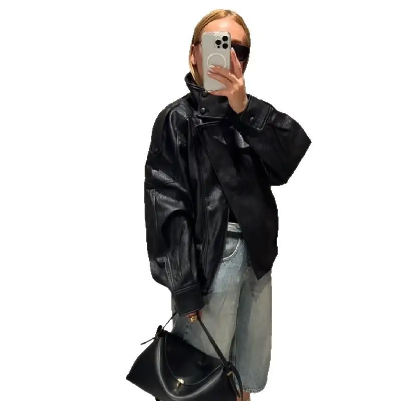 Modna kurtka skórzana z stójką, odzież wierzchnia damska, jesień 2025, moda transgraniczna, długi rękaw, materiał podobny do jedwabiu.