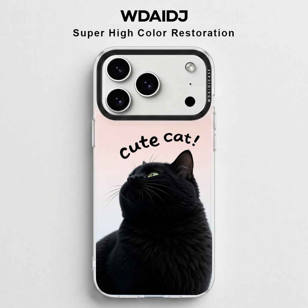 

Super High Color Black Cat With Cute Cat Text Pattern Transparent Anti Scratch Protective Phone Case For iPhone 13 14 15 16 17