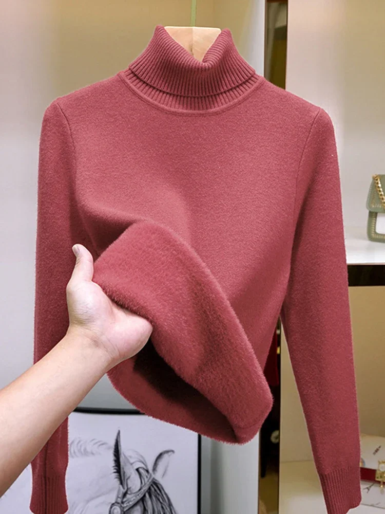 

Winter Turtleneck Slim Sweater Womem Warm Poleras Plush Lined Thicken Knit Pullover Korean Pulls Soft Knitwear Jumper Sueter Top