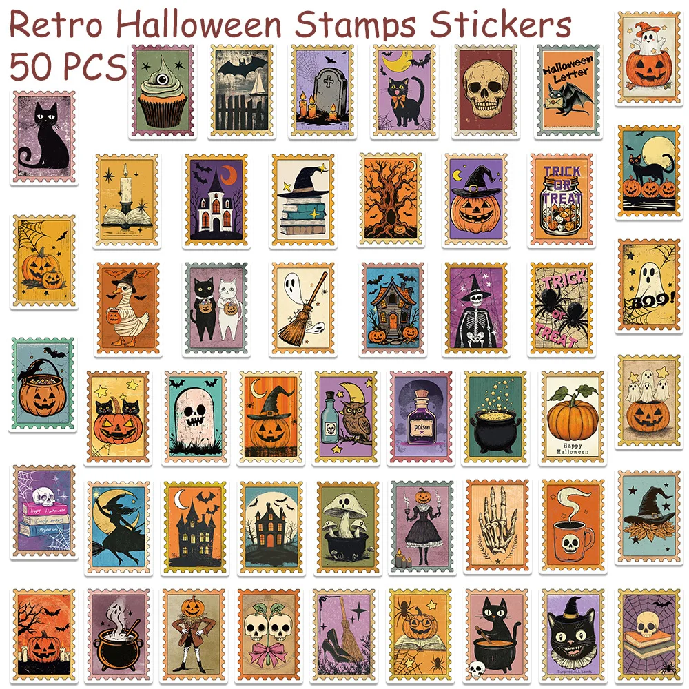 50/100PCS Vintage Halloween Postage Stamp Stickers, Skeleton Witch Graffiti Decals for Phone Laptop Guitar Luggage DIY Cute Gift