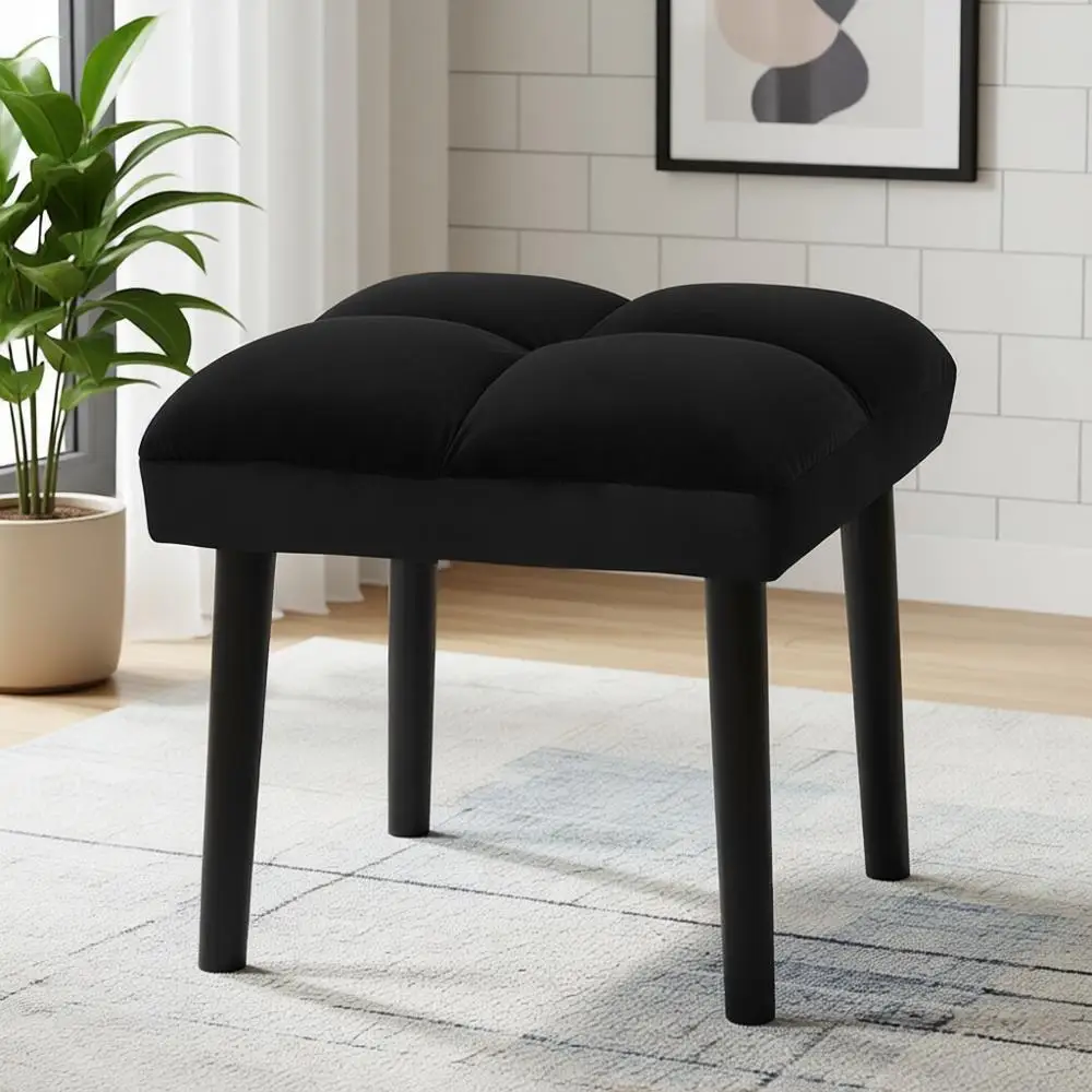 

Black Square Ottoman Stool with Wooden Legs, Padded Seat for Vanity or Resting