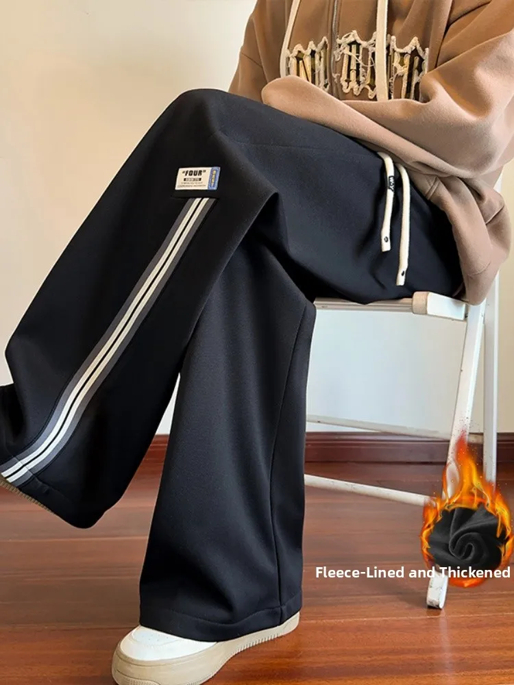 

Мужские зимние утепленные спортивные брюки с флисовой подкладкой, широкие брюки с полосатым плетеным поясом, повседневные брюки, молодежные модные джоггеры