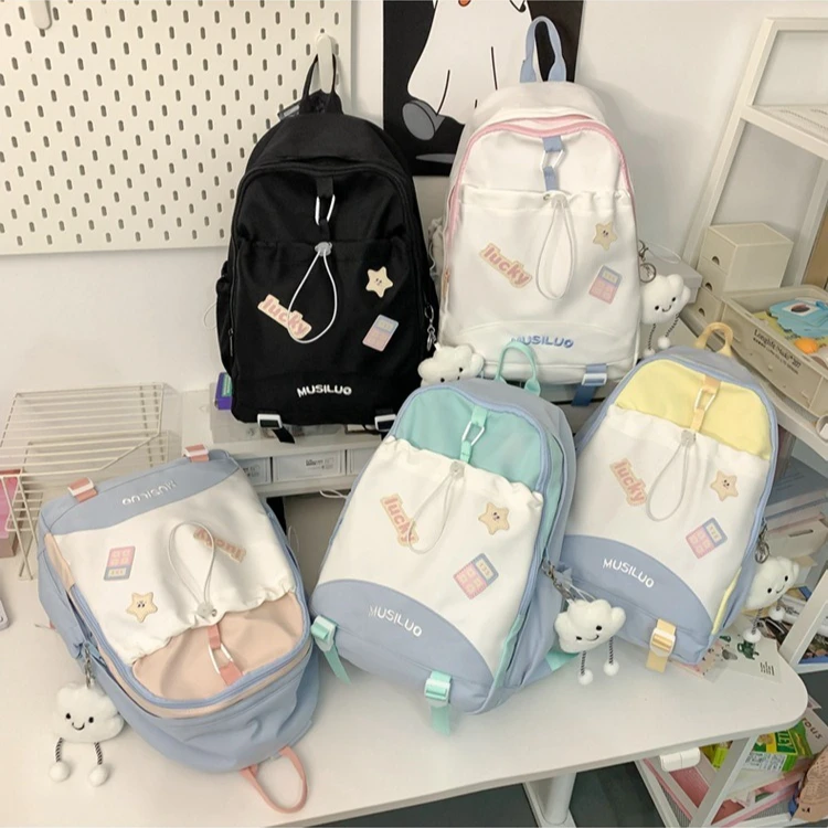 

Легкая нейлоновая школьная сумка с цветными блоками, милая подвеска для девочек, 14-дюймовое хранилище для компьютера, дорожная сумка большой вместимости