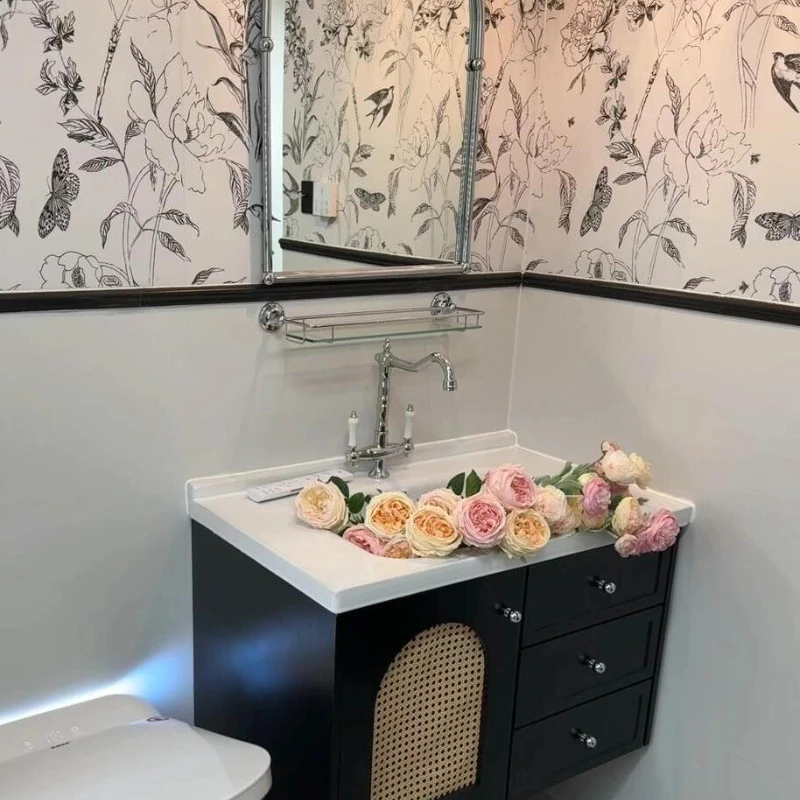 

French rattan bathroom cabinet, combination ceramic integrated basin, retro oak paint washstand, face wash