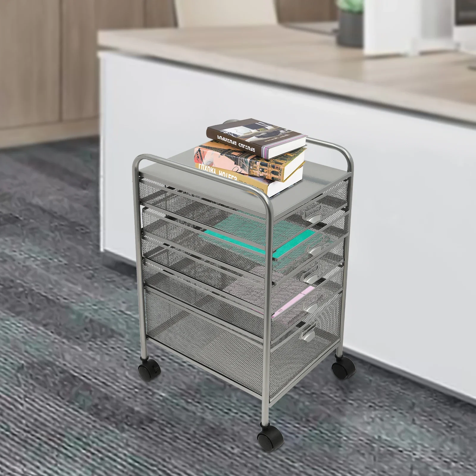 

Silver Metal Mesh File Cabinet Office Storage 5Tier Rolling Organizer with High Load Capacity for Documents Home Office Supplies