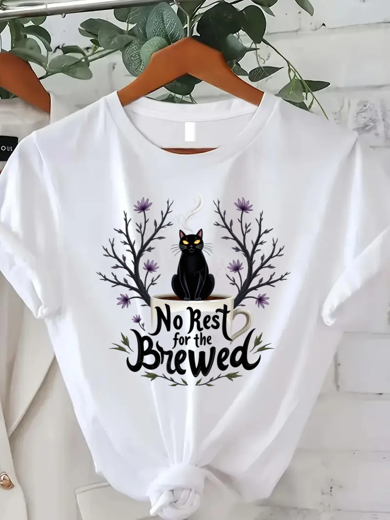 Round Neck T-shirt No Rest for the Brewed Cat Coffee Lover T-Shirt Women's Plus Size Short Sleeve Tee Fashion Casual Top