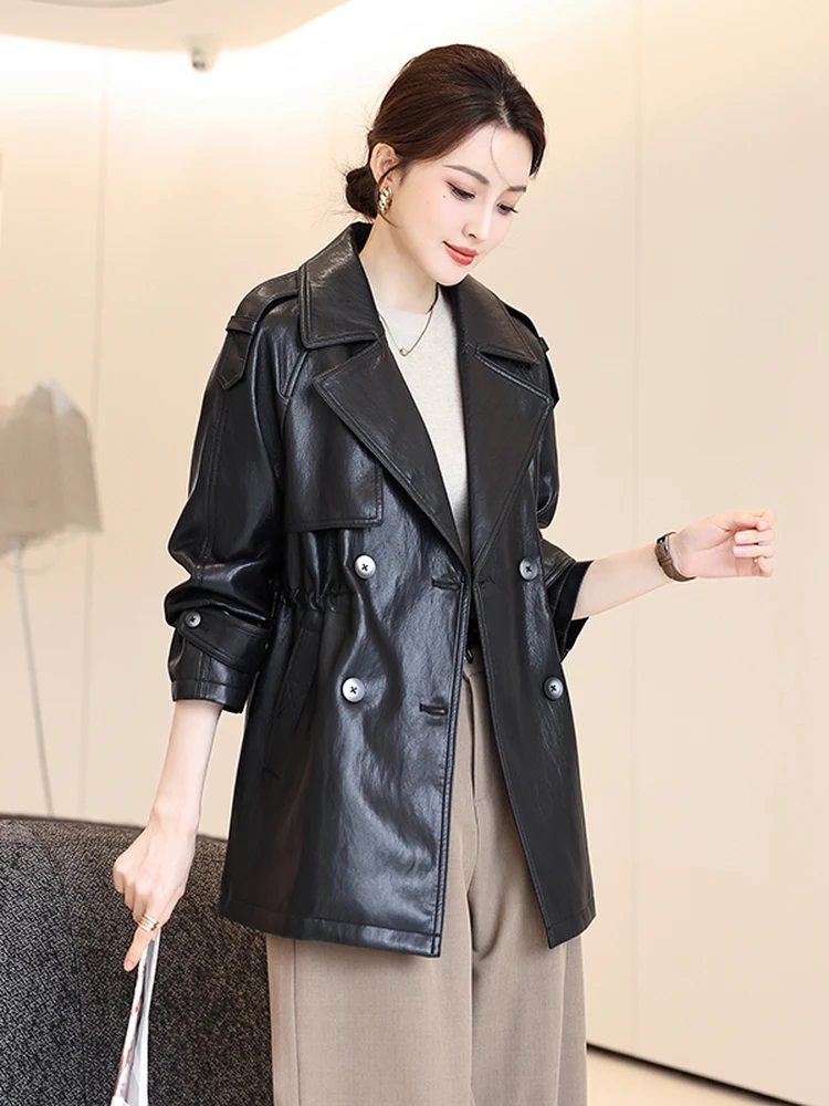   Ning cuir véritable Jaet femmes mi-long 2025 nouveau printemps automne haut de gamme décontracté coupe ajustée eepskin manteau